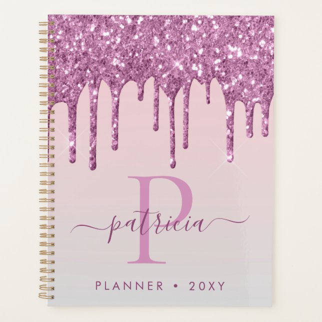 Agenda Glam Purpurina Rosa Dris Elegante Monograma Planne (Anverso)