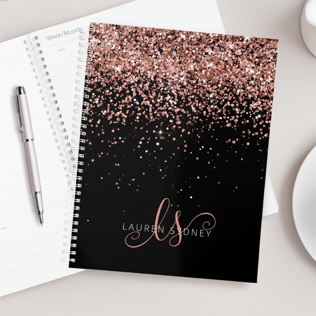 Agenda Glam Rosa Purpurina Oro Elegante Monograma (Subido por el creador)