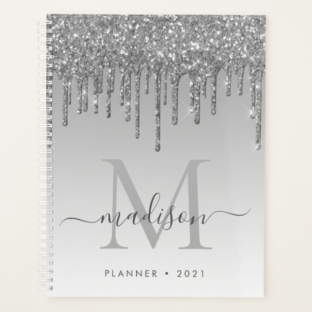 Agenda Glam Silver Gray Purpurina Drips Girly Monograma 2 (Anverso)
