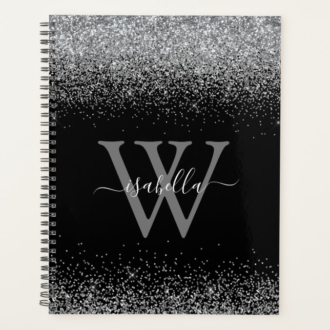Agenda Glitter de plata negro monogramado Script (Anverso)