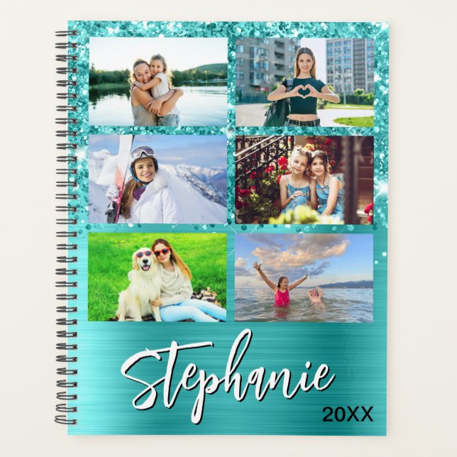 Agenda Glittery Turquoise Blue Glam 14 Photo Collage (Anverso)