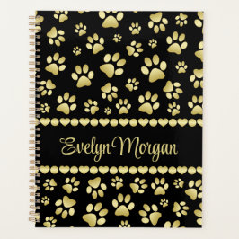 Agenda Golden Paw Prints on Black with Custom Name