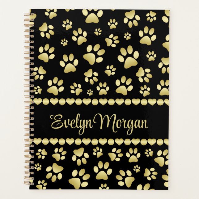 Agenda Golden Paw Prints on Black with Custom Name (Anverso)