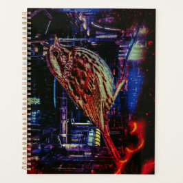 Agenda Gorrión Cyberpunk en paisaje urbano de neón