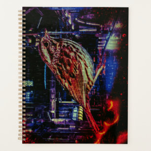 Agenda Gorrión Cyberpunk en paisaje urbano de neón