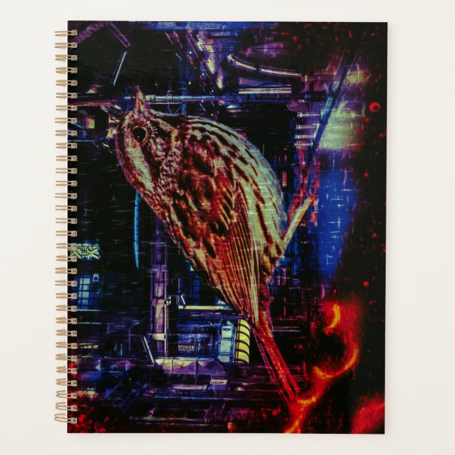 Agenda Gorrión Cyberpunk en paisaje urbano de neón (Anverso)