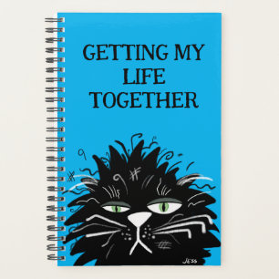 Agenda Gracioso gato negro cansado con exceso de trabajo