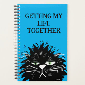 Agenda Gracioso gato negro cansado con exceso de trabajo