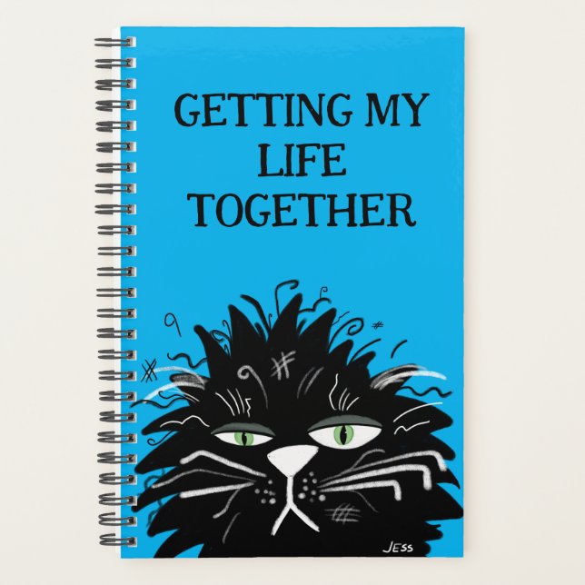 Agenda Gracioso gato negro cansado con exceso de trabajo (Anverso)
