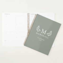 Agenda Green Modern Elegant Floral Monograma Nombre