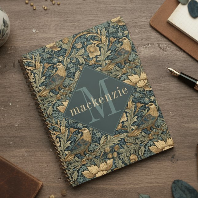 Agenda Green Tan Foliage William Morris Elegant Monogram (Subido por el creador)