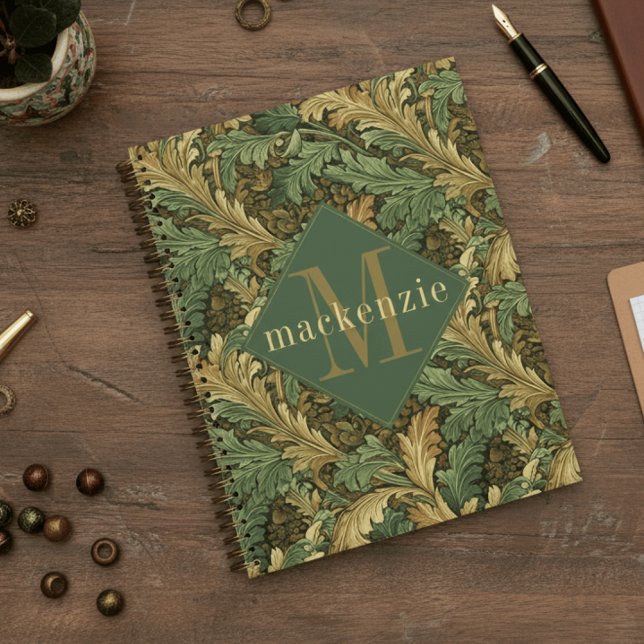 Agenda Green Tan Foliage William Morris Elegant Monogram (Subido por el creador)