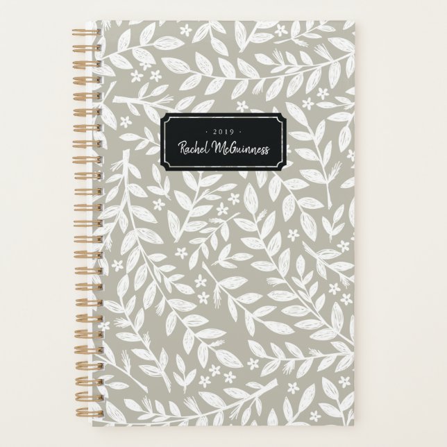 Agenda Greige Sketge Floral Leaf Year and Name Planner (Anverso)