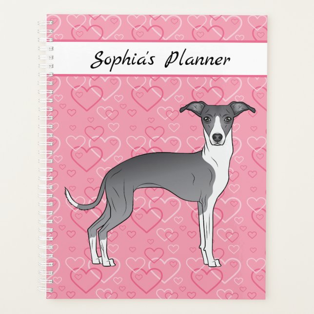 Agenda Greyhound Italiano Azul Y Blanco Sobre Corazones R (Anverso)
