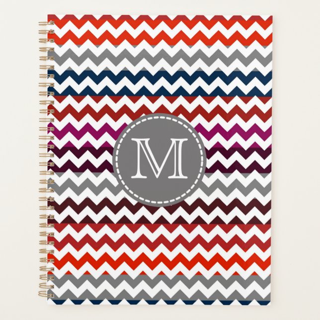 Agenda Gris Rojo Gris Chevron Zigzag Monograma (Anverso)