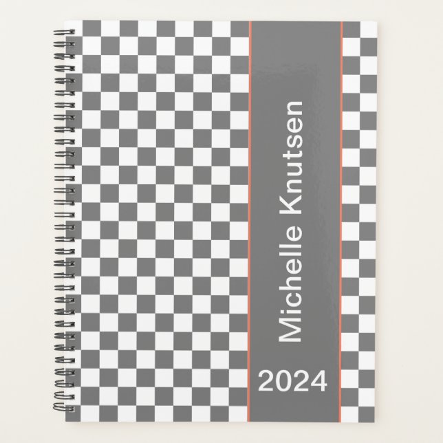 Agenda Gris y blanco personalizados Checkered 2024 (Anverso)