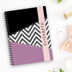 Agenda Gris Zigzag, Gris Chevron, Púrpura, Tu Nombre