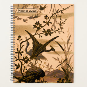 Agenda Grullas, arte japonés vintage, árboles florecien