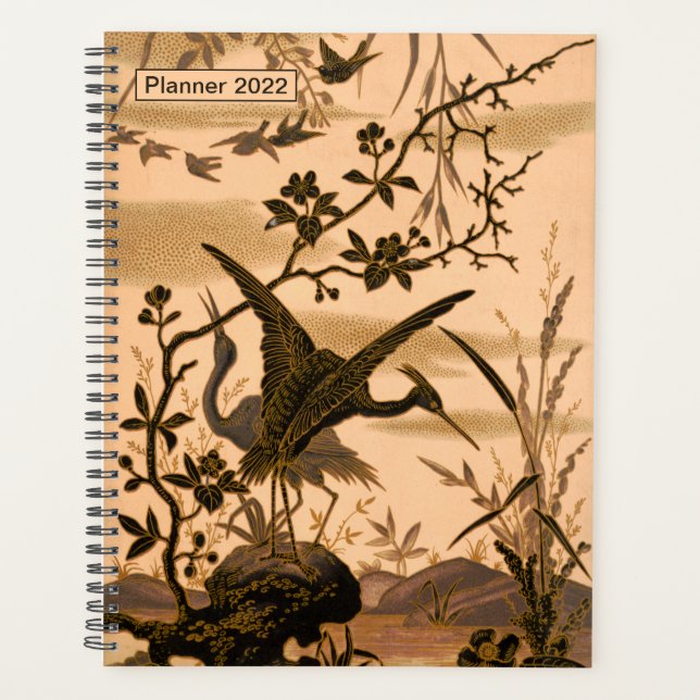 Agenda Grullas, arte japonés vintage, árboles floreciente (Anverso)