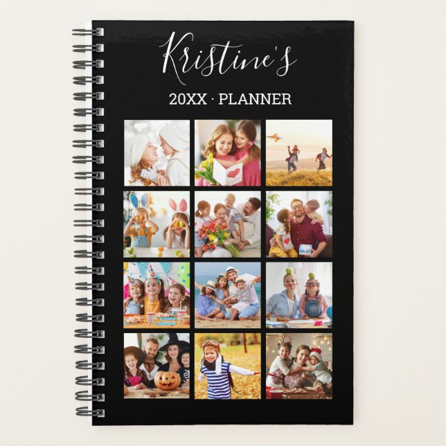 Agenda Guión blanco de 12 Collages de fotos negro moderno (Anverso)