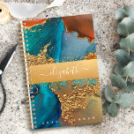 Agenda Guión de naranja turquesa de color de marble acuar<br><div class="desc">Una banda de Relieve metalizado dorado brillante y falsa con el nombre de la tipografía de su escritura, sobrepone un fondo de color naranja dorado, azul turquesa y amarillo en esta moda, elegante, moderno y personalizado nombre de planificador anual. Personaliza con tu nombre. Este planificador viene en dos tamaños: pequeño...</div>