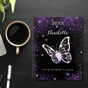 Agenda Guión de nombre de mariposa purpurina púrpura negr
