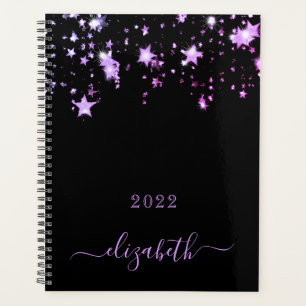 Agenda Guión de nombre de monograma de estrellas moradas 