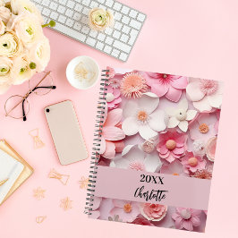 Agenda Guión de nombre de patrón floral blanco rosado 202