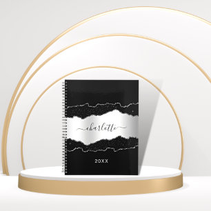 Agenda Guión de nombre de purpurina de mármol negro de ág