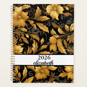 Agenda Guión de nombre dorado y negro con polvo floral