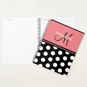 Agenda Guión de puntos de polka blanco rosado monograma