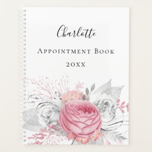 Agenda Guión del nombre blanco del follaje plateado rosa 
