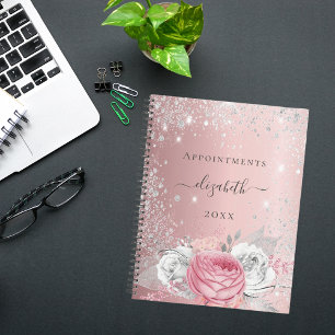 Agenda Guión del nombre del purpurina plateado color rosa