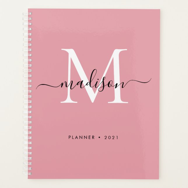 Agenda Guión moderno monograma Rubor Dusty Pink Girly Scr (Anverso)