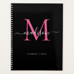 Agenda Guión monograma moderno negro rosado caliente 2021<br><div class="desc">Modern Black Hot Pink Girly Elegant Monograma Script Nombre 2021 Planner</div>
