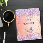 Agenda Guión rosa naranja violeta violeta de purpurina 20<br><div class="desc">Un fondo de gradiente dorado rosa y naranja. Decorada con oro rosa y brillantes purpurinas falsos de color violeta y lavanda. Personalice y agregue un título y un nombre. El nombre está escrito con un guión moderno,  aspecto de firma.</div>