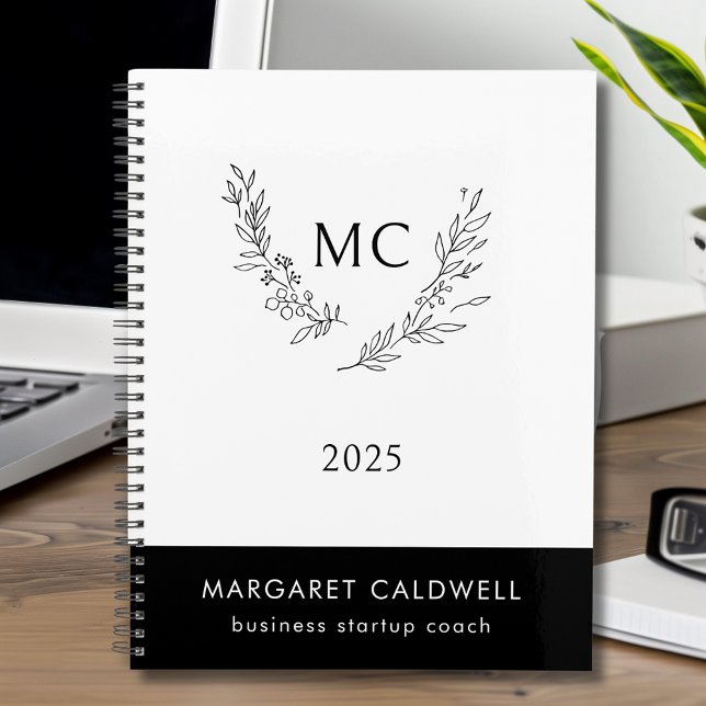Agenda Guirnalda de Monograma Blanco y Negro 2025 (Black and White Monogram Wreath 2025 Planner)