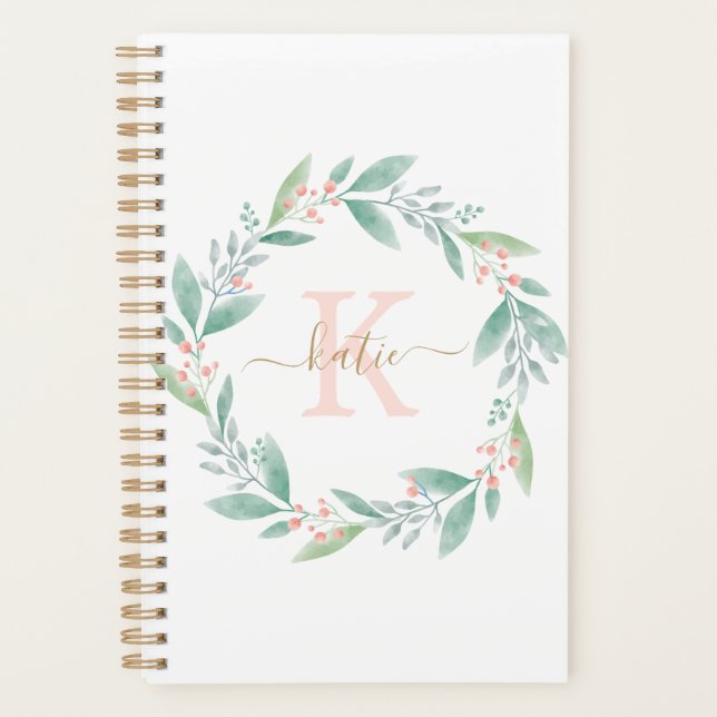 Agenda Guirnalda Floral Acuarela Rosa Monogramada (Anverso)