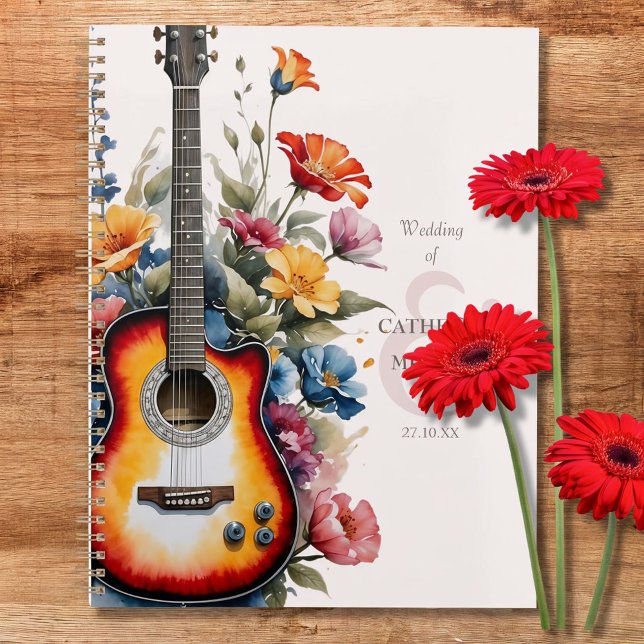 Agenda Guitarra Flor Silvestre Ampersand Boda Musical (Flat lay guitar wedding planner with modern elegant watercolor floral cottage garden Wedding Planner)