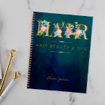 Agenda Hair salon faux Relieve metalizado de oro citas de<br><div class="desc">Elegante salón de peluquería elegante para negocios / clientes cita planificador con rosas de color rosa pastel y follaje azul y verde y hojas con escritura falsa de tipografía de Relieve metalizado dorado y tijeras sobre un fondo acuoso azul oscuro medianoche. Ofrece un elegante y lujoso aspecto glamuroso, ideal para...</div>