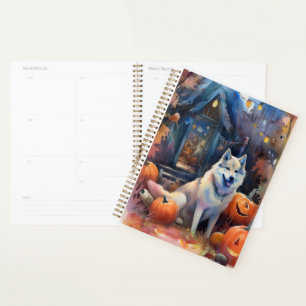 Agenda Halloween Alaskan Malamute con calabazas aterrador