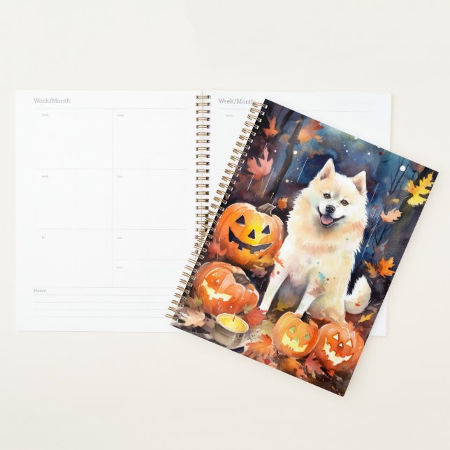 Agenda Halloween American Akita con calabazas aterradoras (Demostración)