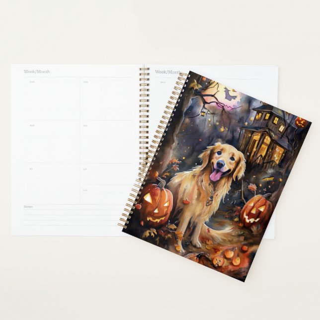 Agenda Halloween Golden Retriever con calabazas aterrador (Demostración)