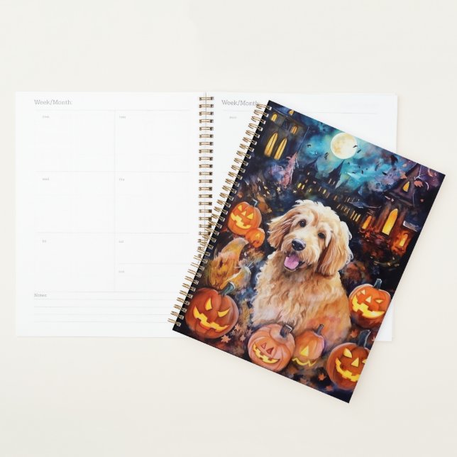 Agenda Halloween Goldendoodle con calabazas aterradoras (Demostración)