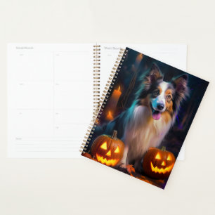 Agenda Halloween Shetland Sheepdog con calabazas asustada