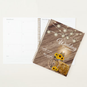 Agenda Hermosa barrica de madera rústica y girasoles