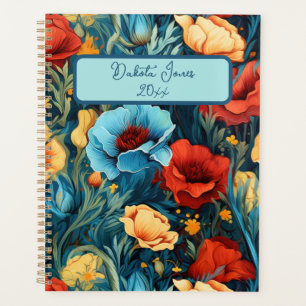Agenda Hermosa impresión botánica de flores azules rojas
