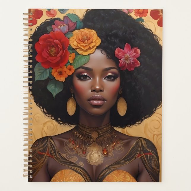 Agenda Hermosa mujer afroamericana con flores (Anverso)