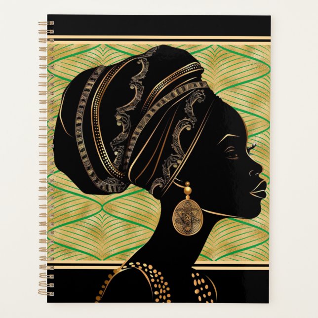 Agenda Hermosa mujer afroamericana verde oro negro (Anverso)