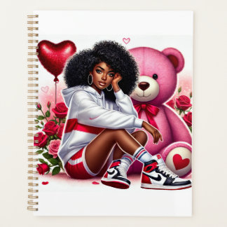 Agenda Hermosa mujer negra con regalos de San Valentín